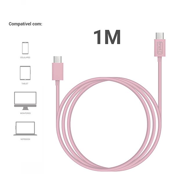 Cabo USB C para Tipo-C, 1m, Rosa, 2Plug - CX 1 UN