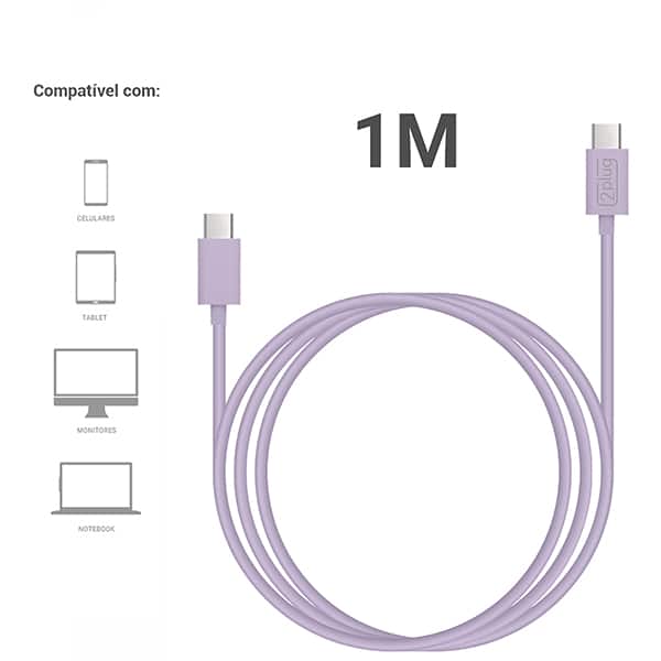 Cabo USB C para Tipo-C, 1m, Lilás, 2Plug - CX 1 UN
