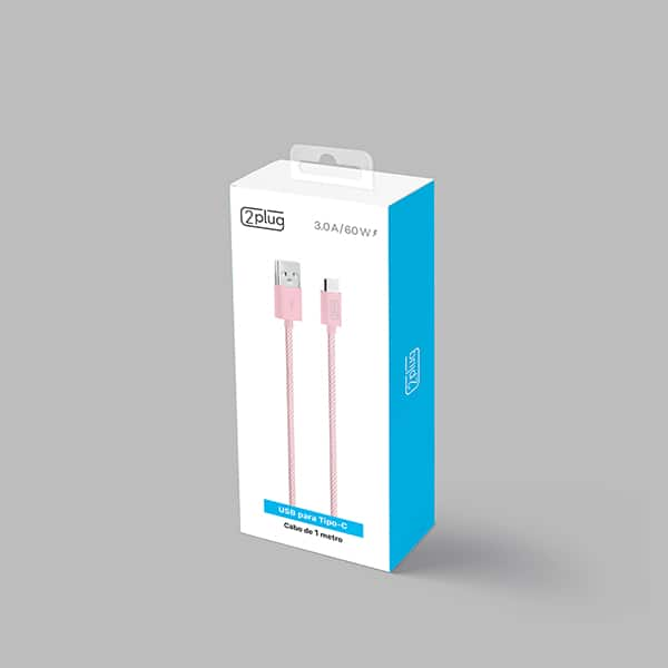 Cabo USB para Tipo - C em Nylon, 1m, Rosa e Branco, 2Plug - CX 1 UN