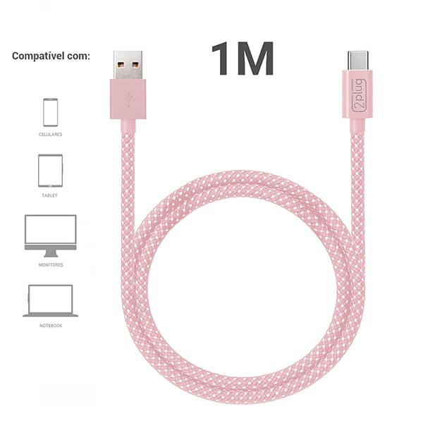 Cabo USB para Tipo-C em Nylon, 1m, Rosa e Branco, 2Plug - CX 1 UN