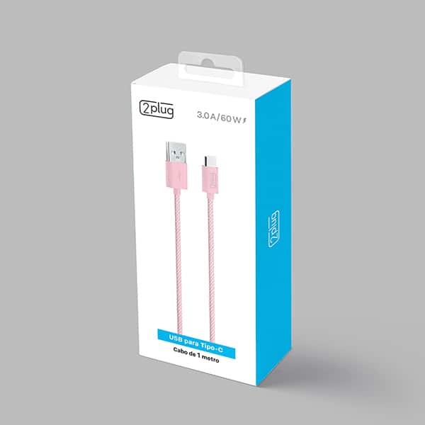Cabo USB para Tipo-C em Nylon, 1m, Rosa e Branco, 2Plug - CX 1 UN