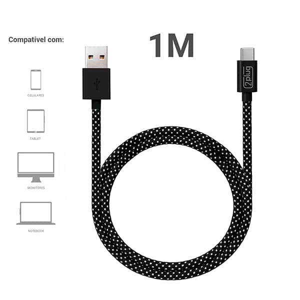 Cabo USB para Tipo-C em Nylon, 1m, Preto e Cinza, 2Plug - CX 1 UN