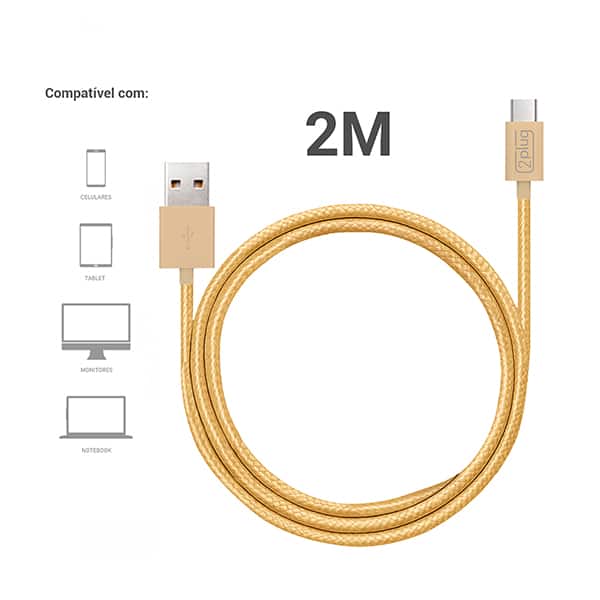 Cabo USB para Tipo-C em Nylon, 2m, Dourado, 2Plug - CX 1 UN