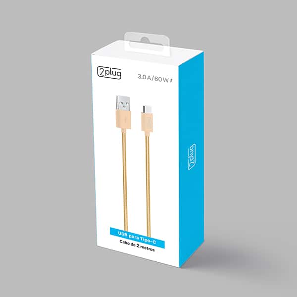 Cabo USB para Tipo-C em Nylon, 2m, Dourado, 2Plug - CX 1 UN