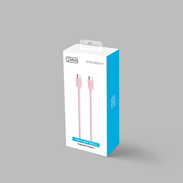 Cabo USB C para Tipo - C em Nylon, 1m, Rosa e Branco, 2Plug - CX 1 UN