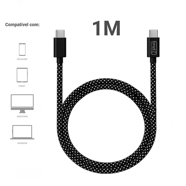 Cabo USB C para Tipo-C em Nylon, 1m, Preto e Cinza, 2Plug - CX 1 UN