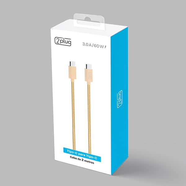 Cabo USB C para Tipo-C em Nylon, 2m, Dourado, 2Plug - CX 1 UN