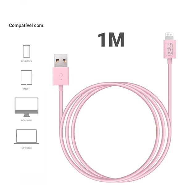 Cabo USB para lightning, 1m, Rosa, 2Plug - CX 1 UN