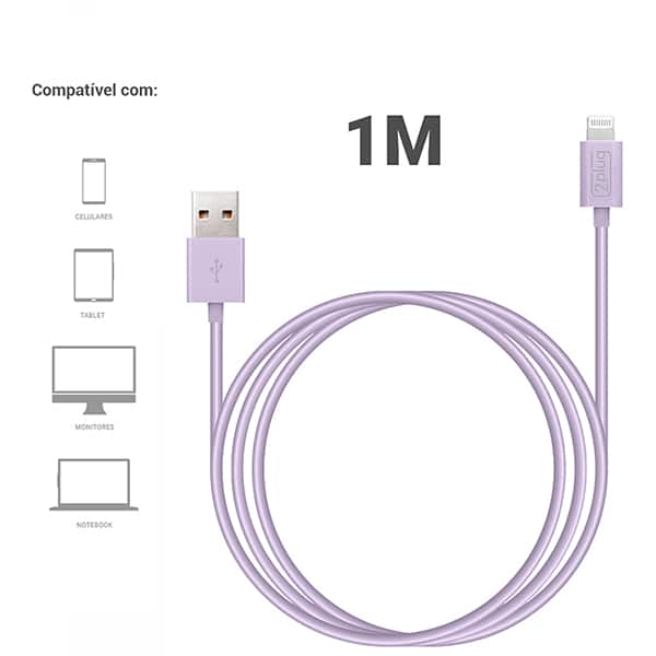 Cabo USB para lightning, 1m, Lilás, 2Plug - CX 1 UN