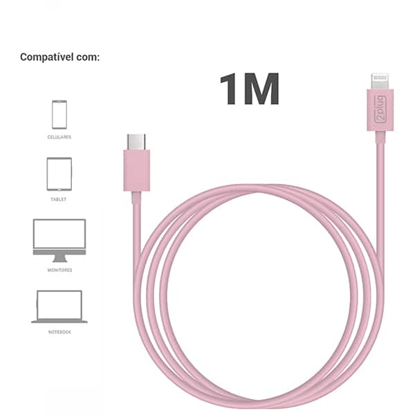 Cabo USB C para lightning, 1m, Rosa, 2Plug - CX 1 UN