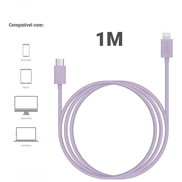 Cabo USB C para lightning, 1m, Lilás, 2Plug - CX 1 UN