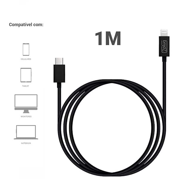 Cabo USB C para lightning, certificado Apple, 1m, Preto, 2Plug - CX 1 UN