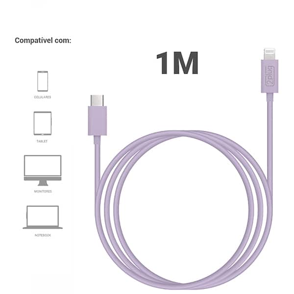 Cabo USB C para lightning, certificado Apple, 1m, Lilás, 2Plug - CX 1 UN