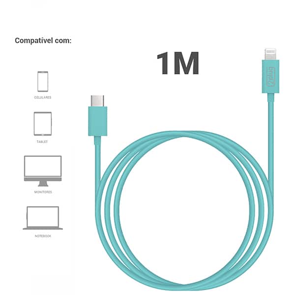 Cabo USB C para lightning, certificado Apple, 1m, Azul, 2Plug - CX 1 UN