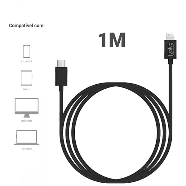 Cabo USB C para lightning, 1m, Preto, 2Plug - CX 1 UN