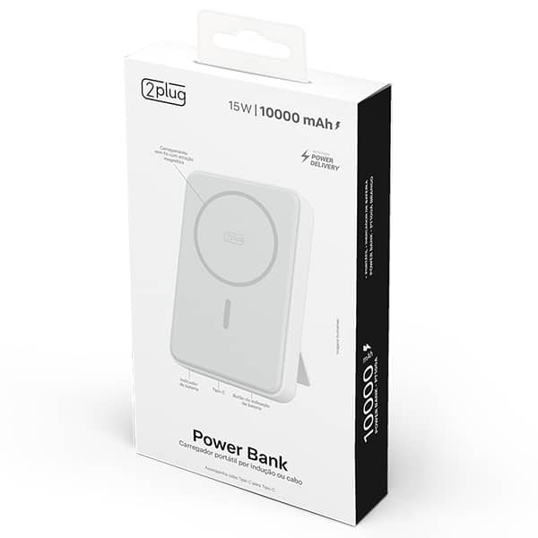 Carregador portátil por indução USB-C, Fast charger, 10000mAh, Branco, PT100A, 2Plug - CX 1 UN