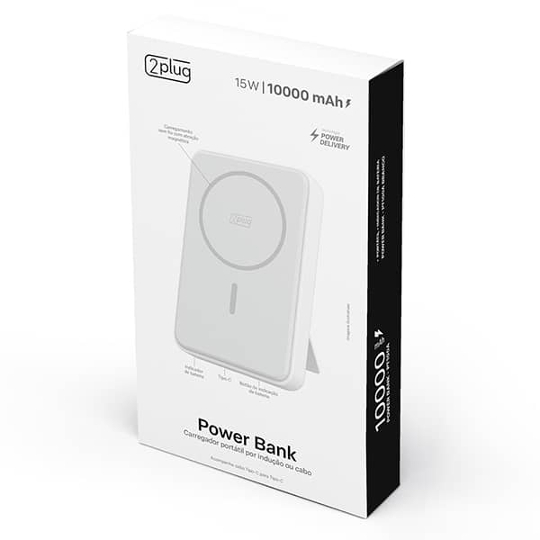Carregador Portátil Power Bank por Indução Magnética, Conexão Tipo-C, Fast Charger PD, 10000mAh, Branco, PT100A, 2Plug - CX 1 UN