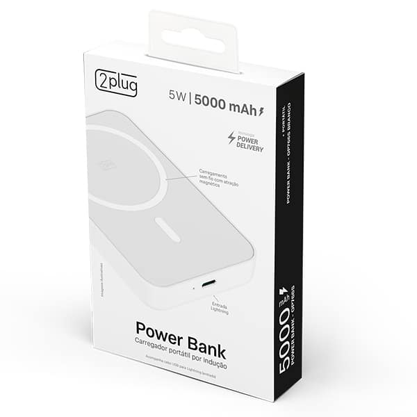 Carregador portátil por indução, Lightning, 5000mAh, Branco, 2Plug - CX 1 UN