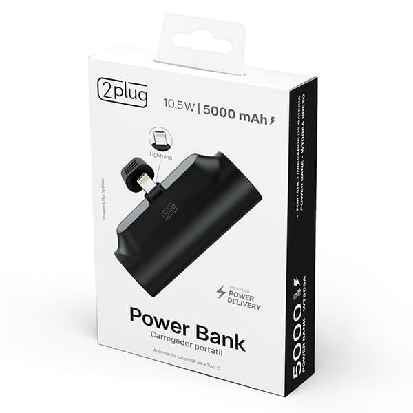 Carregador Portátil Power Bank USB Lightining, 5000mAh, Preto, WT006A, 2Plug - CX 1 UN