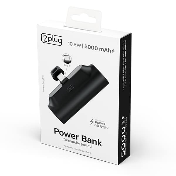 Carregador portátil USB C, 5000mAh, Preto, WT006A, 2Plug - CX 1 UN