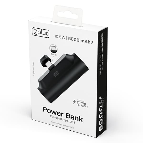 Carregador Portátil Power Bank Tipo-C, 5000mAh, Preto, WT006A, 2Plug - CX 1 UN Carregador Portátil Power Bank Tipo-C, 5000mAh, Preto, WT006A, 2Plug - CX 1 UN