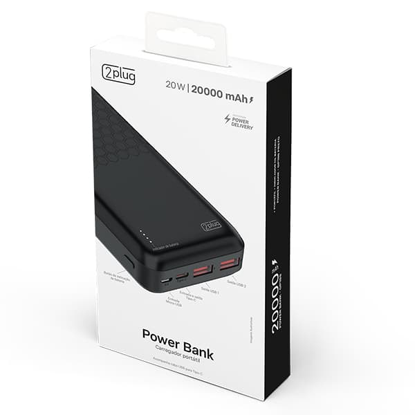 Carregador portátil usb fast charger, 4 em 1, 20000mAh, Preto, OP18S, 2Plug - CX 1 UN