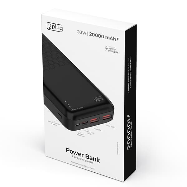 Carregador Portátil Power Bank USB, Fast Charger PD, 20000mAh, Preto, OP18S, 2Plug - CX 1 UN