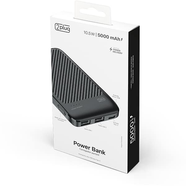 Carregador portátil usb, 3 em 1, 5000mAh, Preto, SL05, 2Plug - CX 1 UN
