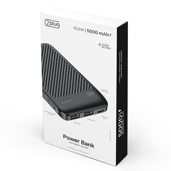 Carregador Portátil Power Bank USB, Fast Charger PD, 5000mAh, Preto, SL05, 2Plug - CX 1 UN