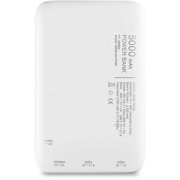 Carregador Portátil Power Bank USB, Fast Charger PD, 5000mAh, Branco, SL05, 2Plug - CX 1 UN