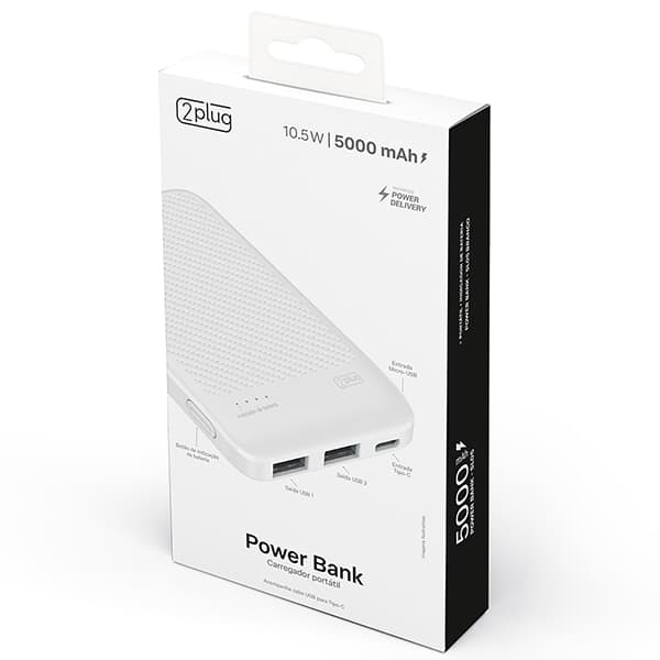 Carregador Portátil Power Bank USB, Fast Charger PD, 5000mAh, Branco, SL05, 2Plug - CX 1 UN