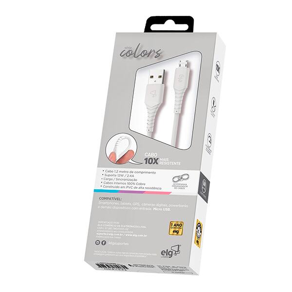 Cabo USB-A para micro USB 1,2m, Branco, M512W, Elg - CX 1 UN