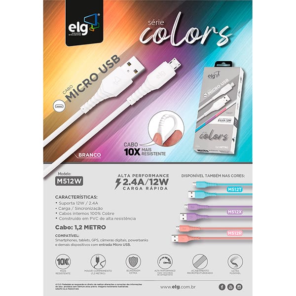 Cabo USB-A para micro USB 1,2m, Branco, M512W, Elg - CX 1 UN