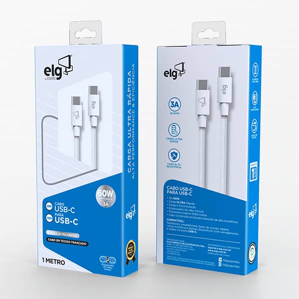 Cabo USB-C para USB-C 1m, Branco, TC60, Elg - CX 1 UN Cabo USB-C para USB-C 1m, Branco, TC60, Elg - CX 1 UN