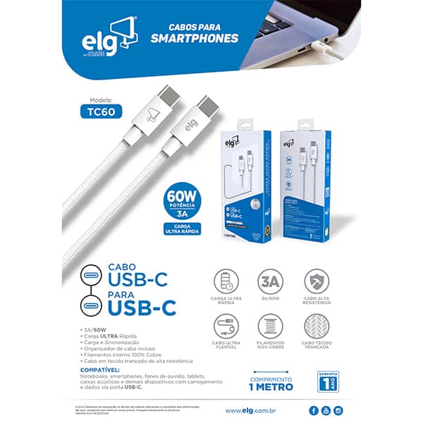 Cabo USB-C para USB-C 1m, Branco, TC60, Elg - CX 1 UN Cabo USB-C para USB-C 1m, Branco, TC60, Elg - CX 1 UN