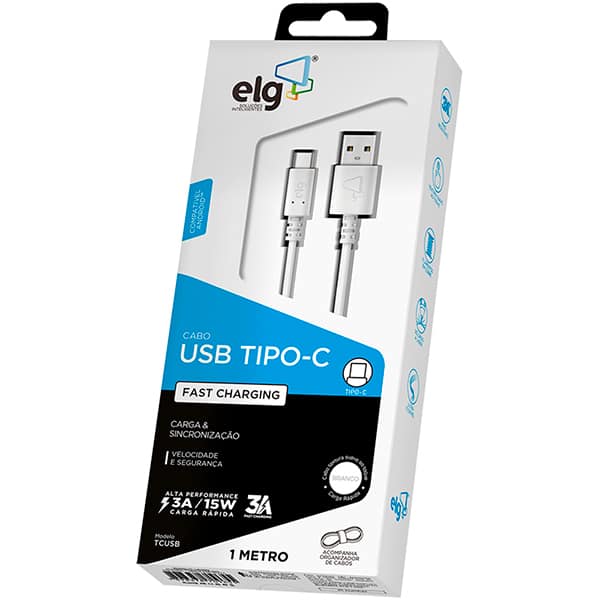 Cabo USB-A para USB-C, 1m, Branco, TCUSB, Elg - CX 1 UN Cabo USB-A para USB-C, 1m, Branco, TCUSB, Elg - CX 1 UN