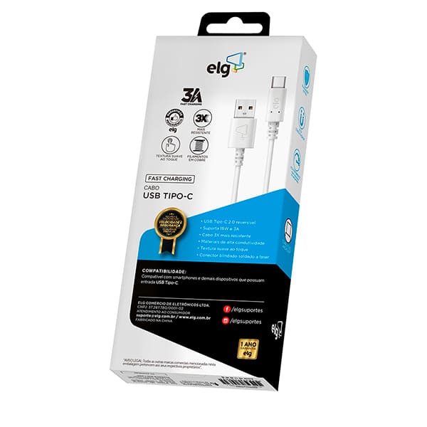Cabo USB-A para USB-C, 1m, Branco, TCUSB, Elg - CX 1 UN Cabo USB-A para USB-C, 1m, Branco, TCUSB, Elg - CX 1 UN