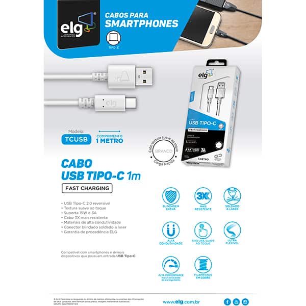 Cabo USB-A para USB-C, 1m, Branco, TCUSB, Elg - CX 1 UN Cabo USB-A para USB-C, 1m, Branco, TCUSB, Elg - CX 1 UN