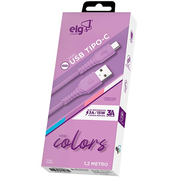 Cabo USB-A para USB-C emborrachado, 1,2m, Roxo, TC12X, Elg - CX 1 UN