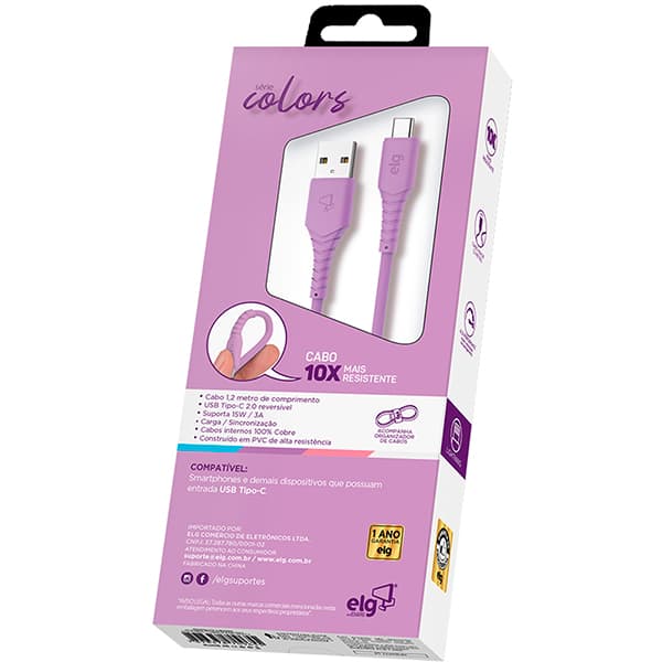 Cabo USB-A para USB-C emborrachado, 1,2m, Roxo, TC12X, Elg - CX 1 UN