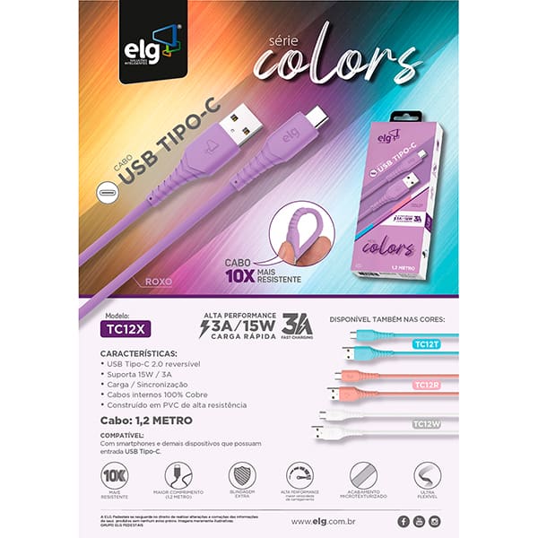 Cabo USB-A para USB-C emborrachado, 1,2m, Roxo, TC12X, Elg - CX 1 UN