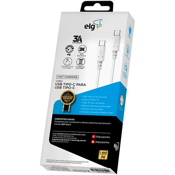 Cabo USB-C para USB-C 1m, Branco, TC2TC, Elg - CX 1 UN Cabo USB-C para USB-C 1m, Branco, TC2TC, Elg - CX 1 UN