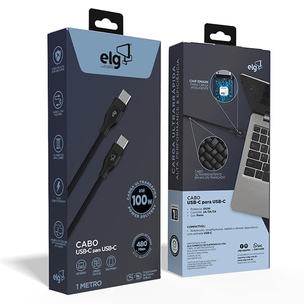 Cabo USB-C para USB-C 1m, Preto, TC100, Elg - CX 1 UN Cabo USB-C para USB-C 1m, Preto, TC100, Elg - CX 1 UN