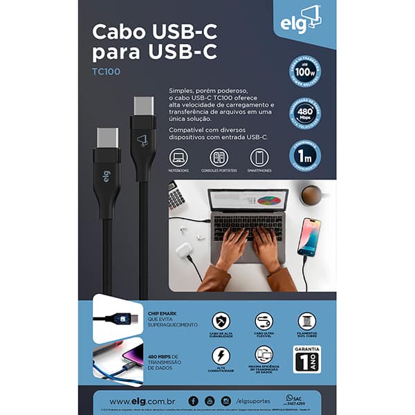 Cabo USB-C para USB-C 1m, Preto, TC100, Elg - CX 1 UN Cabo USB-C para USB-C 1m, Preto, TC100, Elg - CX 1 UN