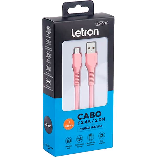 Cabo USB-A para micro USB, 2m, Rosa, VQ-D88 74618, Letron - CX 1 UN