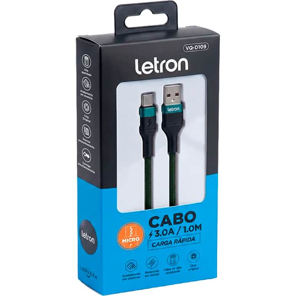 Cabo USB-A para micro USB, 1m, Verde, VQ-D109, 74634, Letron - CX 1 UN Cabo USB-A para micro USB, 1m, Verde, VQ-D109, 74634, Letron - CX 1 UN