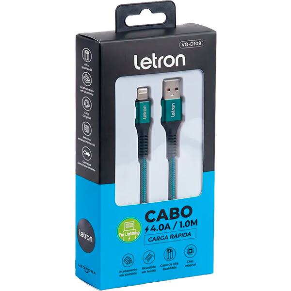 Cabo USB-A para lightning, 1m, Verde, VQ-D109 74638, Letron - CX 1 UN Cabo USB-A para lightning, 1m, Verde, VQ-D109 74638, Letron - CX 1 UN