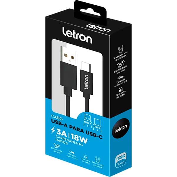Cabo USB-A para USB-C, 1m, Preto, 74539, Letron - CX 1 UN