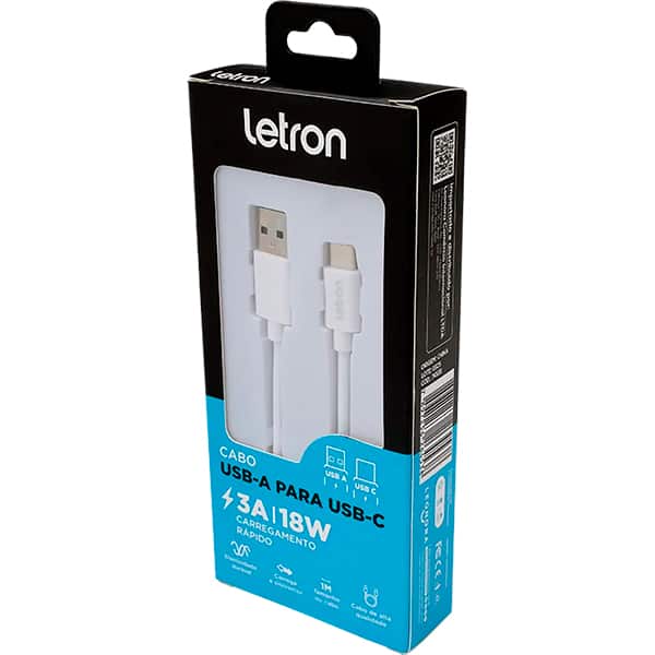 Cabo USB-A para USB-C, 1m, Branco, 74538, Letron - CX 1 UN