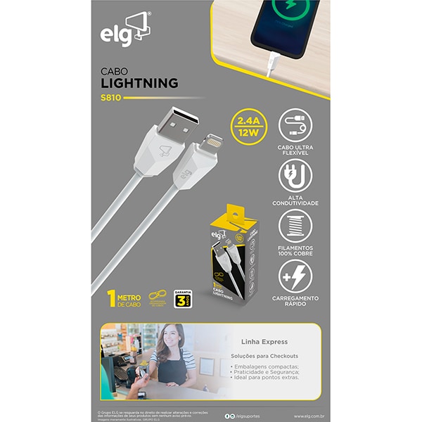 Cabo USB para lightning, 1m, Branco, S810, Elg - BT 1 UN